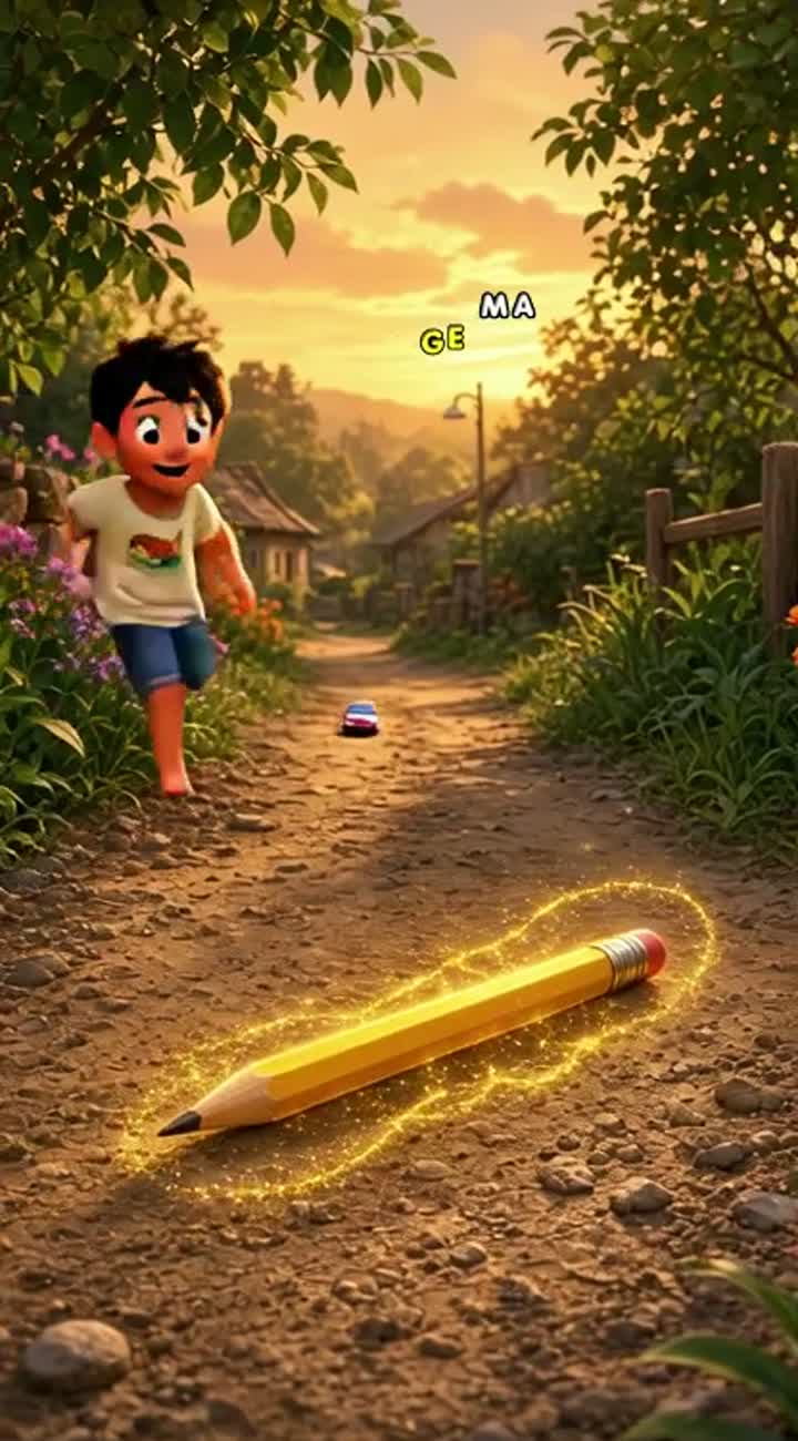 Discovers a glowing magical pencil lying along the road — AI cartoon