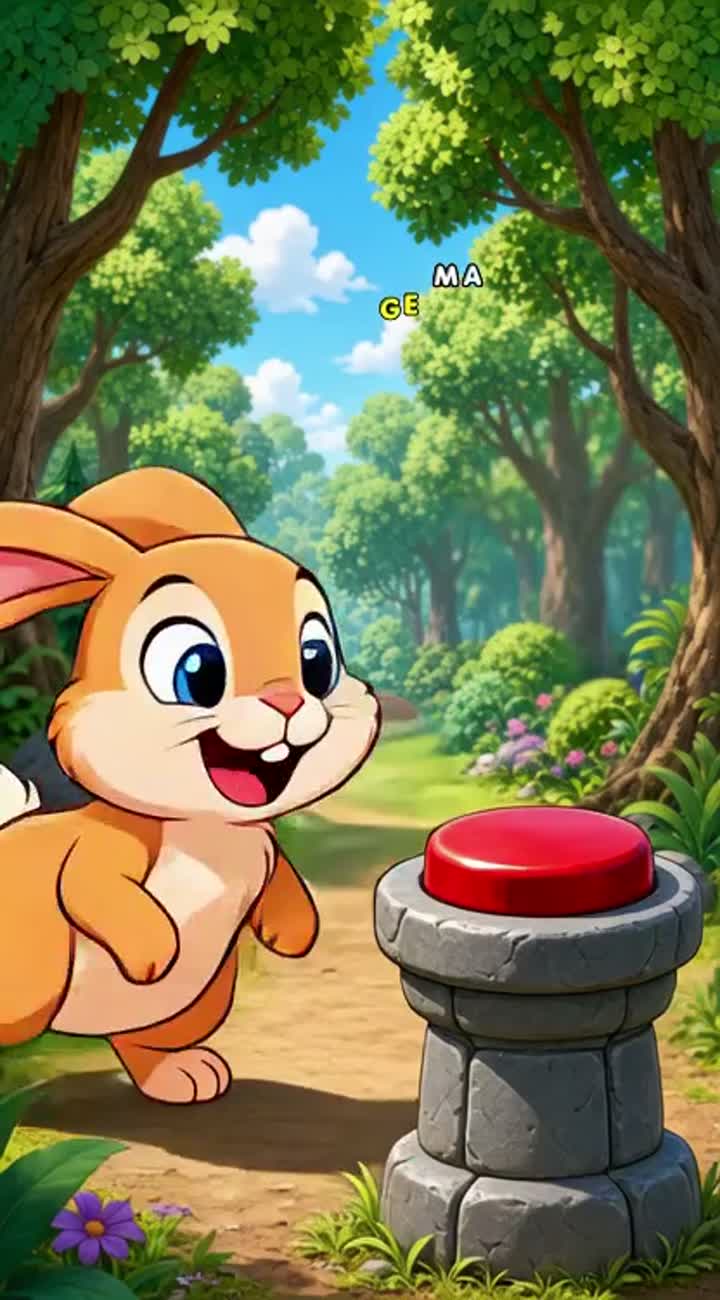 Narrator: "What will happen if the bunny presses this button?! — AI cartoon