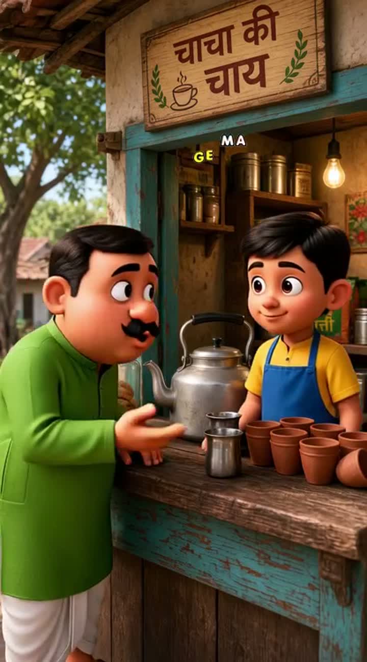 Funny 3D cartoon in an Indian village tea shop — AI cartoon