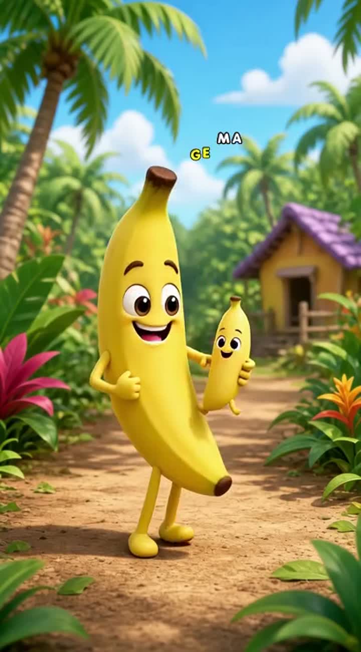 Oyam Banana," a little banana character with big eyes and tiny… — AI cartoon