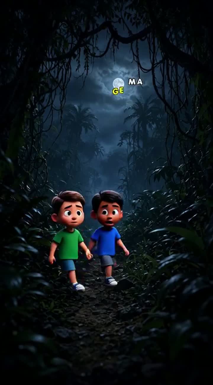 Scary 3D cartoon animation of two young boys walking through… — AI cartoon
