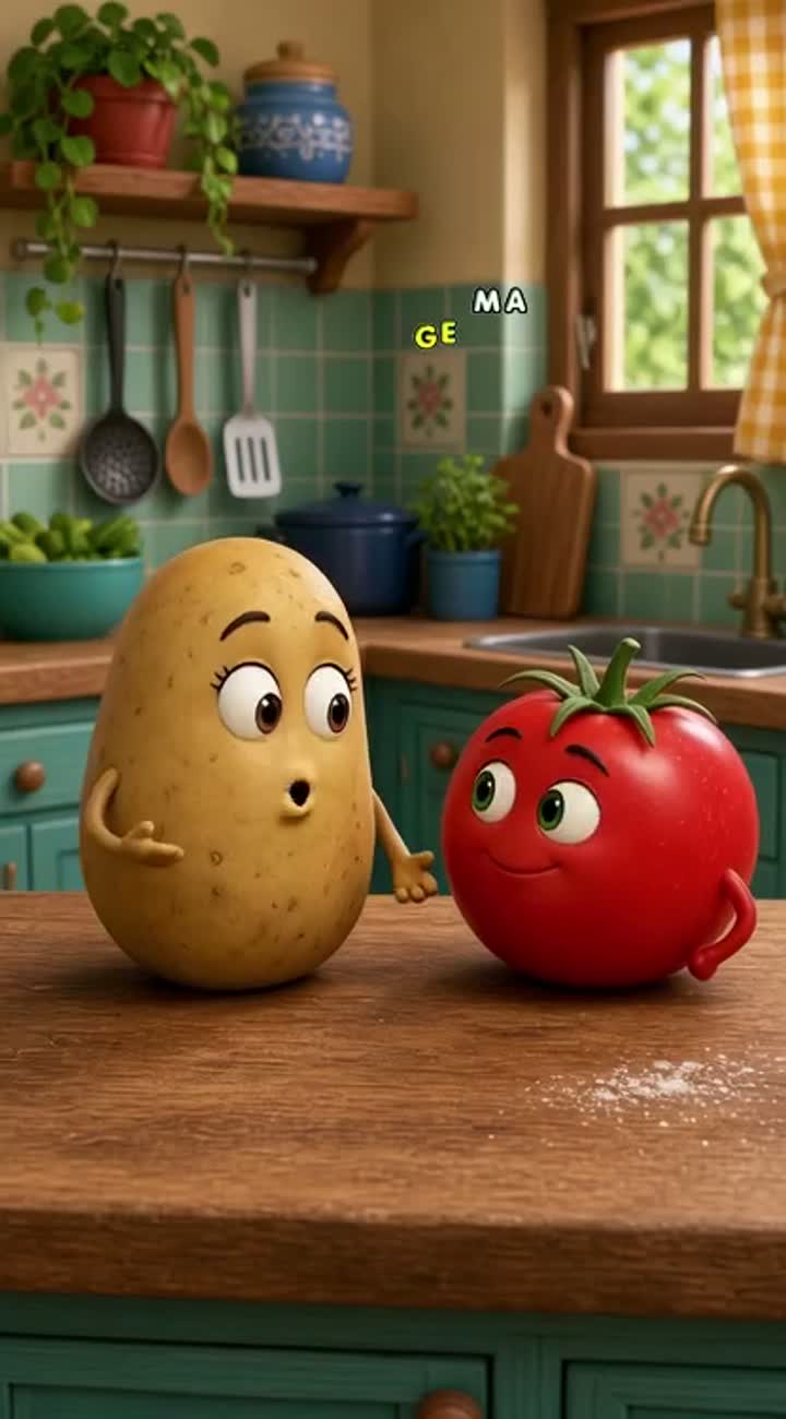 Funny vertical cartoon video of a cute potato and a red tomato… — AI cartoon