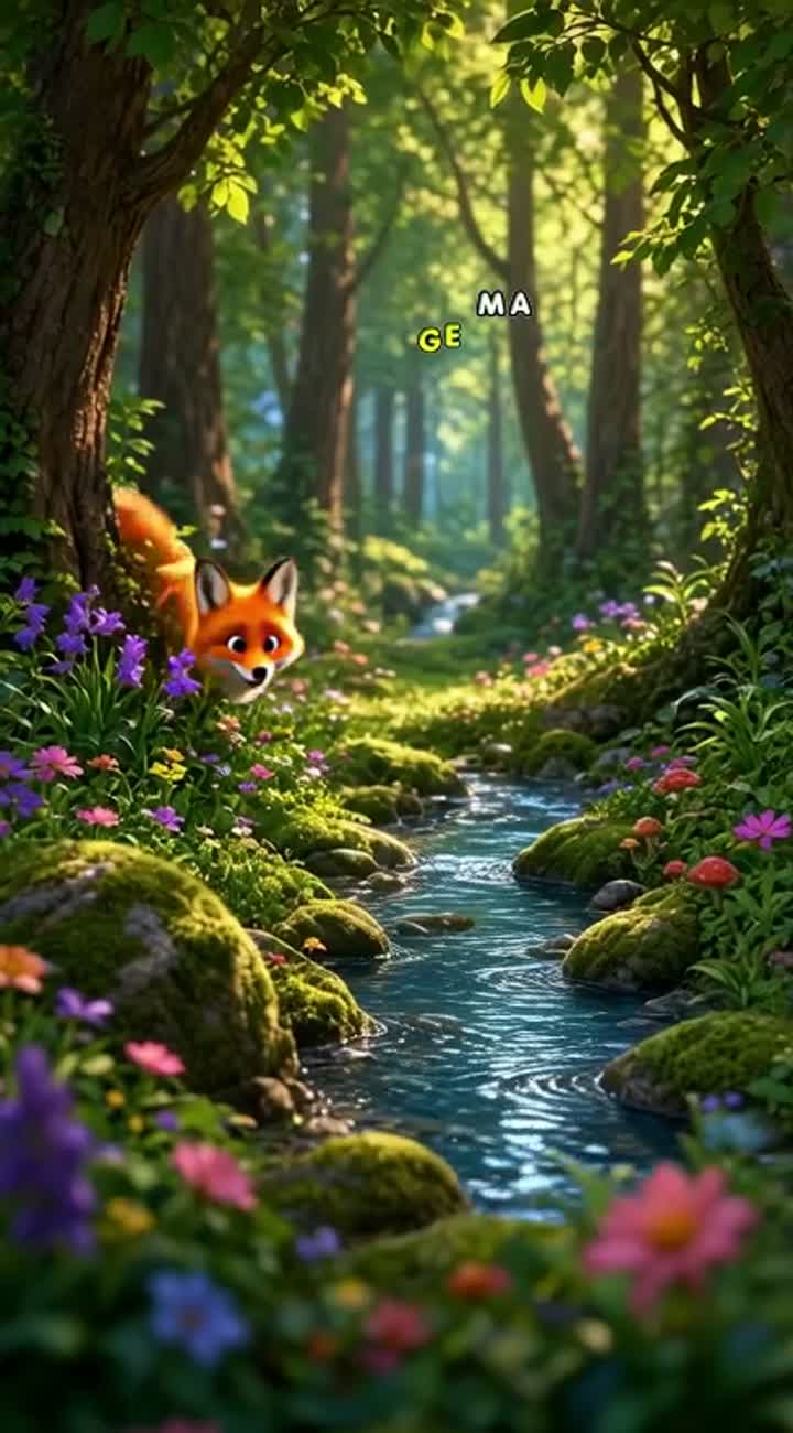 3D animated cartoon of a cute orange fox in a magical forest — AI cartoon