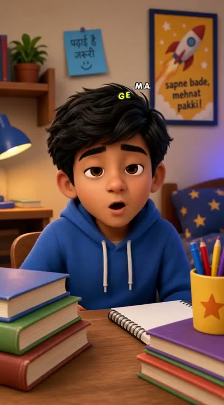 An Indian cartoon boy sits at a study table full of books — AI cartoon
