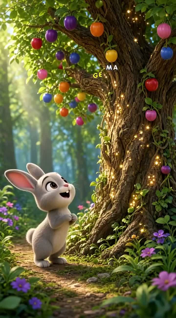 A cute 3D cartoon rabbit finds a magical tree in the forest — AI cartoon