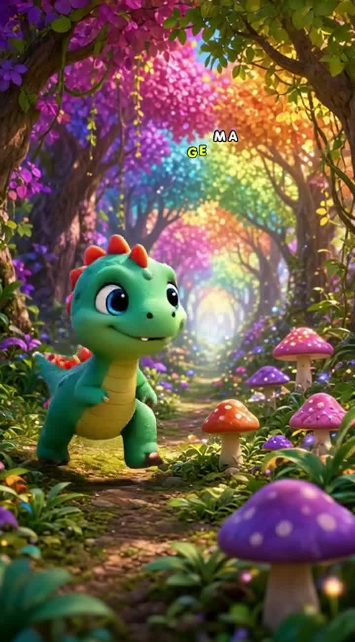 A cute baby dinosaur with big blue eyes discovers a magical… — AI cartoon