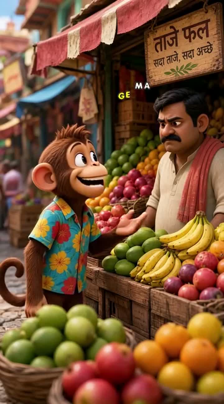 A funny 3D cartoon monkey in a vibrant, colorful Indian fruit… — AI cartoon