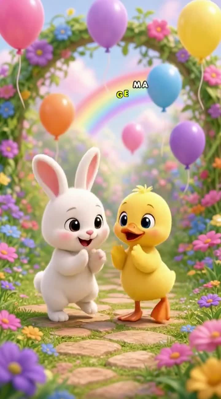 An adorable white bunny and a cheerful yellow duckling dance… — AI cartoon