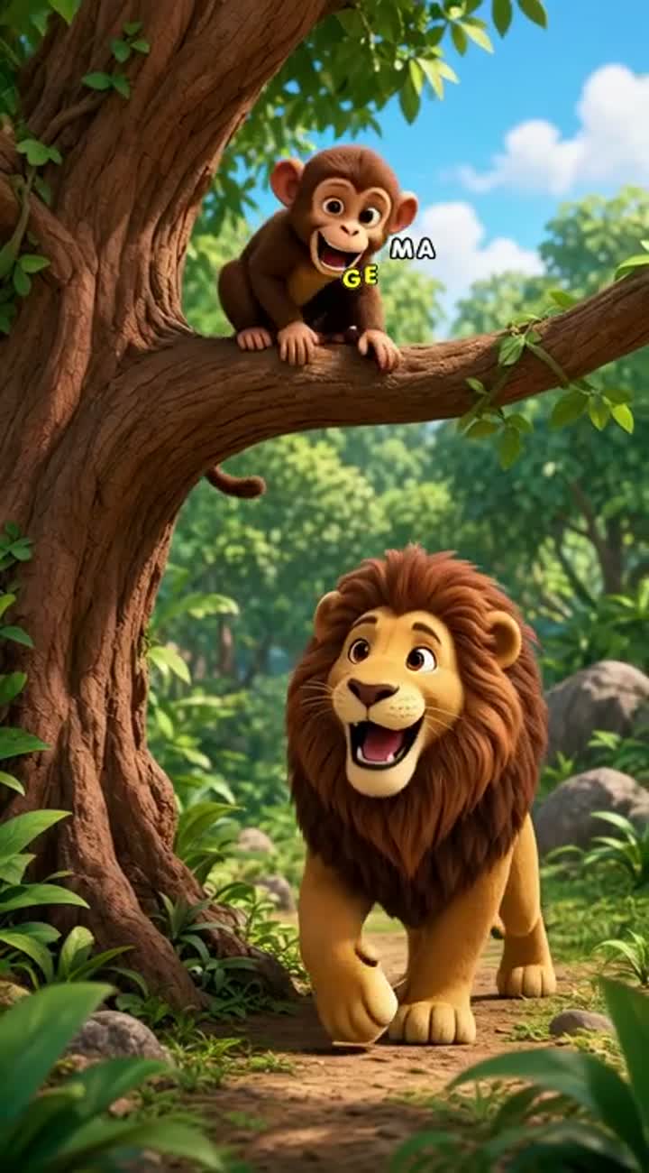 A cute brown monkey sitting on a tree a friendly lion walking… — AI cartoon