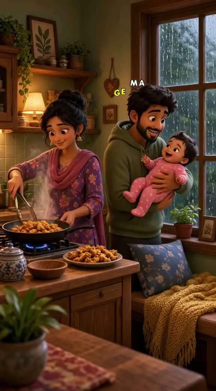 A loving family of three living in a small, beautiful, cosy house… — AI cartoon