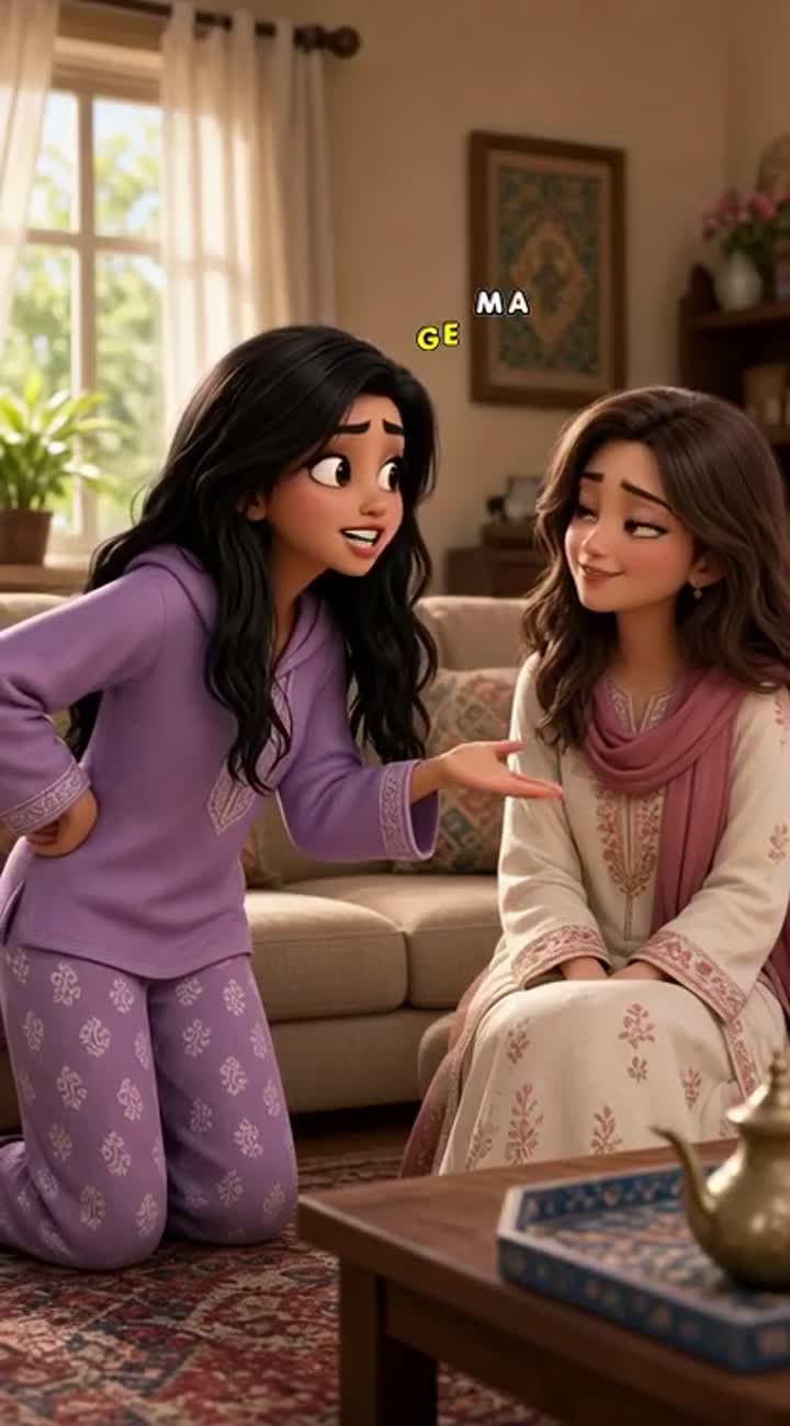 Two young Saudi women are in a living room — AI cartoon