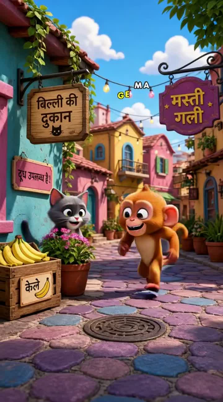 Funny 3D cartoon where a mischievous monkey steals a cat's banana — AI cartoon