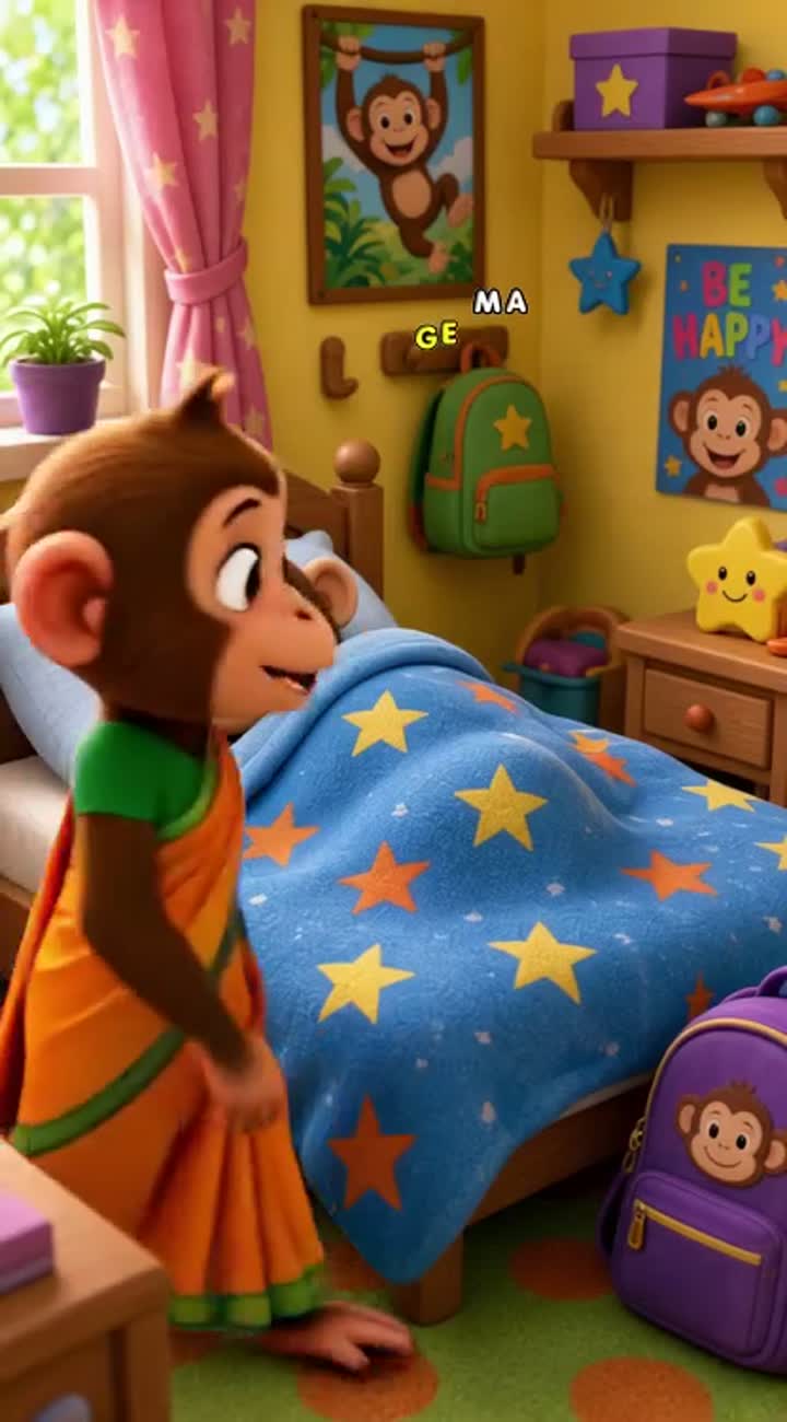 In a cozy, brightly colored bedroom, a chubby… — AI cartoon