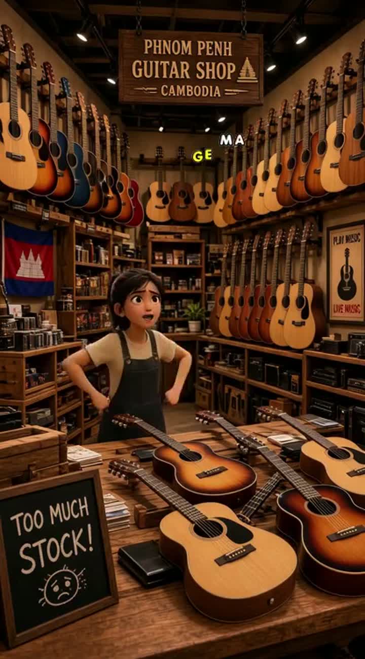 High-quality, cute 3D animated cartoon advertisement for a guitar… — AI cartoon