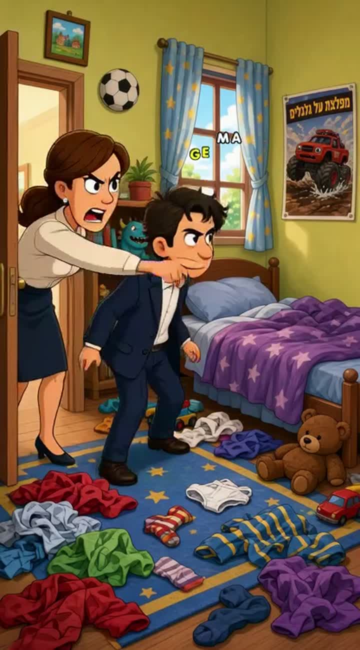 A mother runs after her son, pointing angrily at his messy bedroom… — AI cartoon