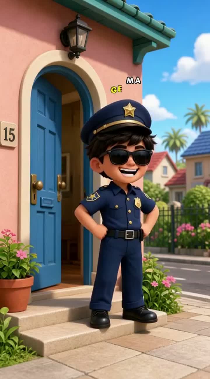 Young Ali, a little boy dressed in a police uniform and black… — AI cartoon