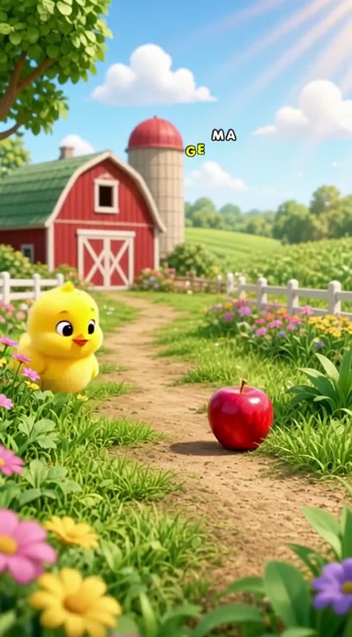 The chick walks through a colorful green farm… — AI cartoon