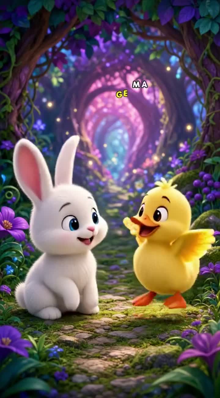 A cute fluffy white bunny and a little yellow duckling talk… — AI cartoon