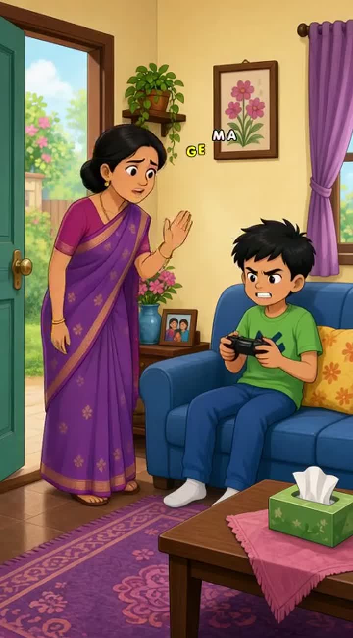 The Mother Calls Her Son — AI cartoon