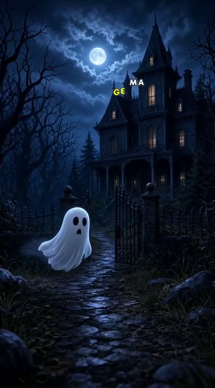 A spooky haunted house at midnight, a mysterious little ghost… — AI cartoon