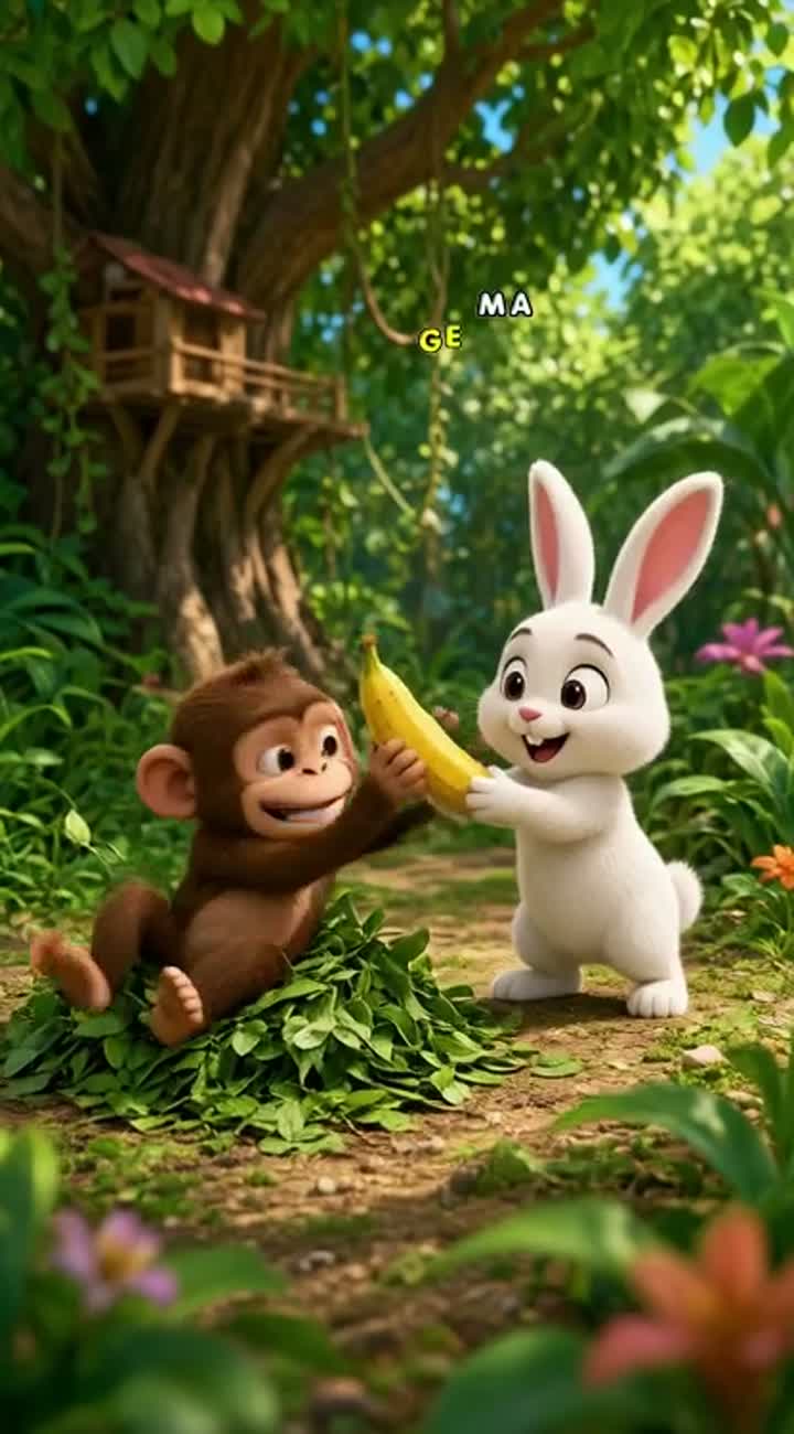 A cheeky little monkey tries to steal a banana from a cute white… — AI cartoon