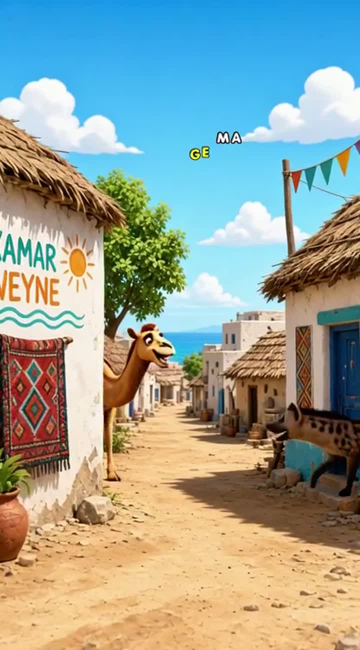 A funny camel and a hyena talking and laughing together… — AI cartoon