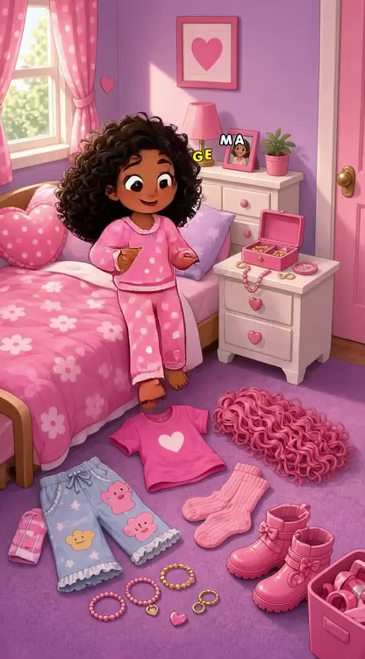 Brown skin girl with curly hair very girly — AI cartoon