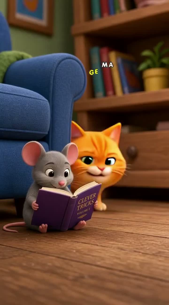 A clever little mouse is reading a book while a silly orange cat… — AI cartoon