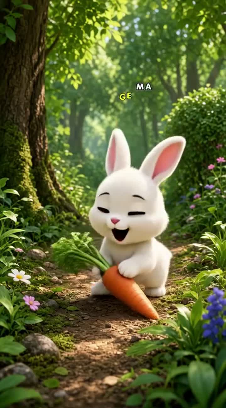 A cute fluffy white 3D cartoon rabbit with big brown eyes and pink… — AI cartoon