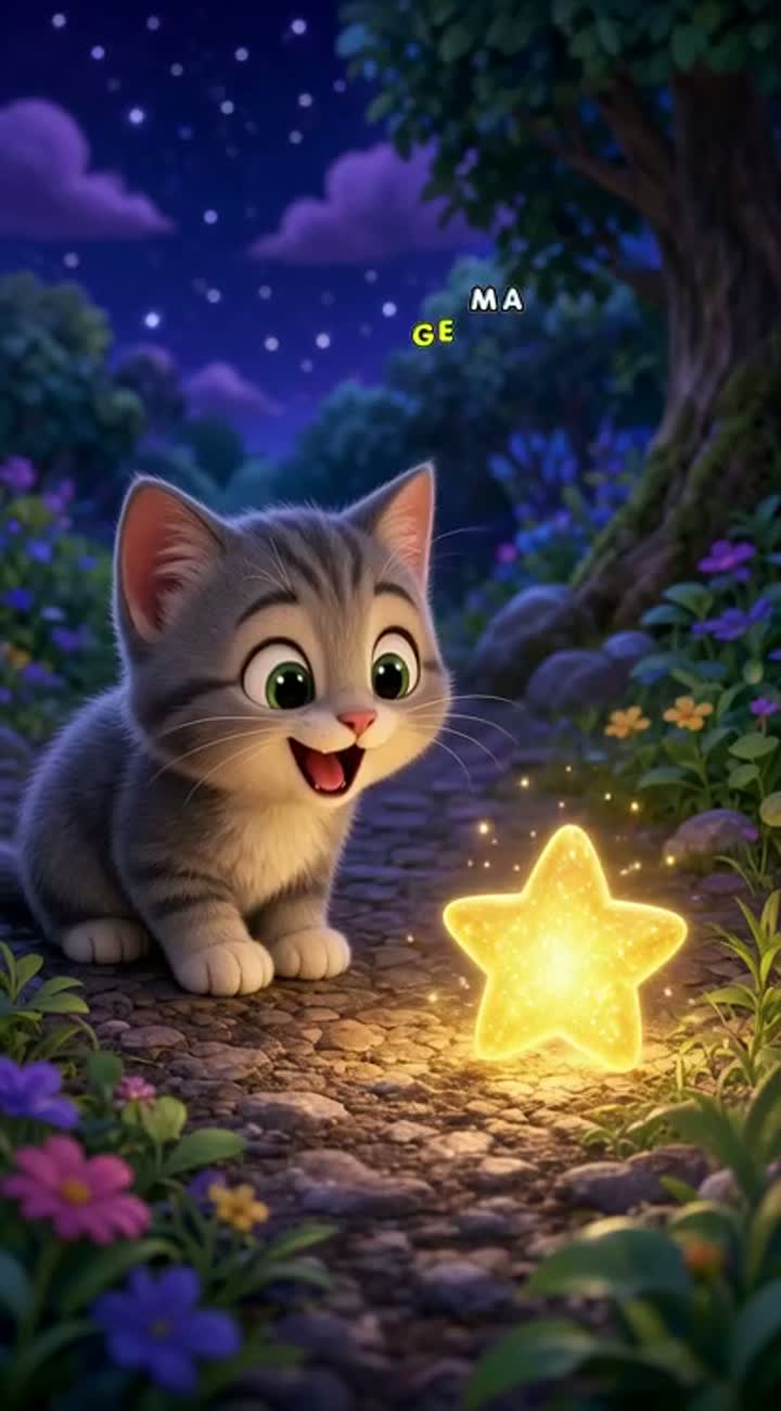 A little kitten finds a magical star and smiles happily! — AI cartoon