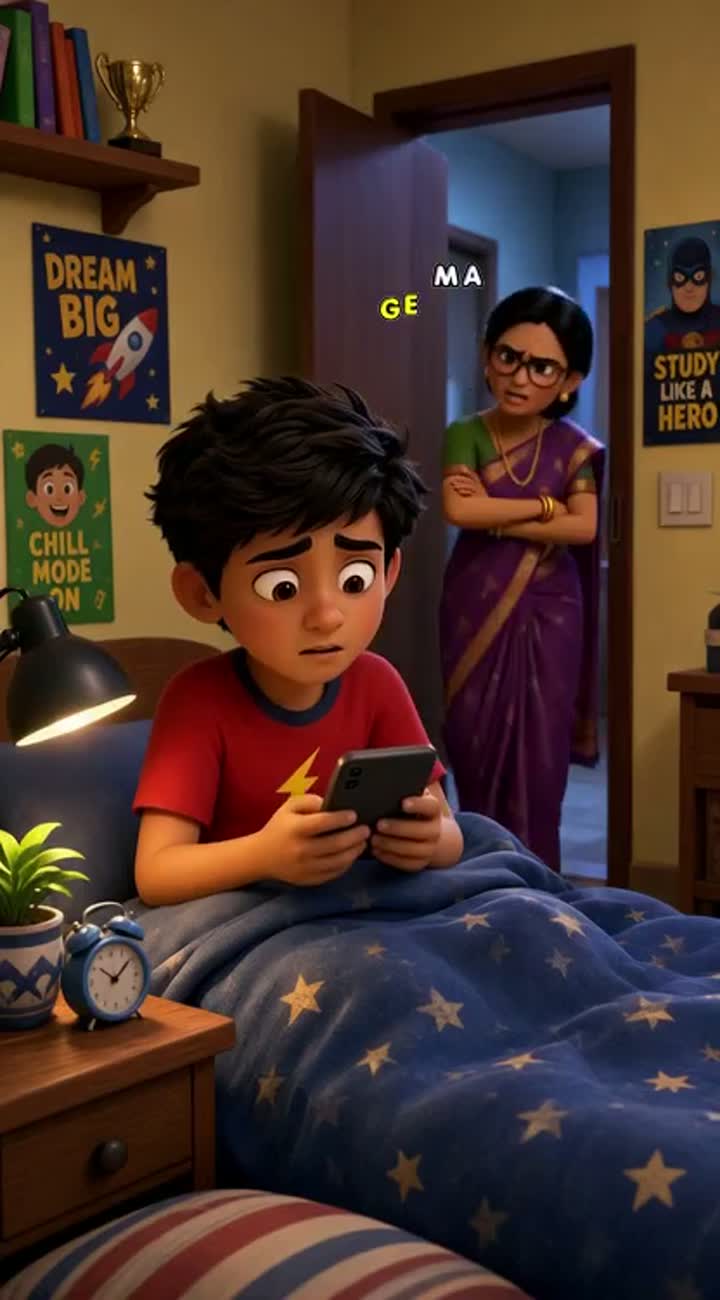 Story: A funny Indian boy is secretly watching videos on his phone… — AI cartoon
